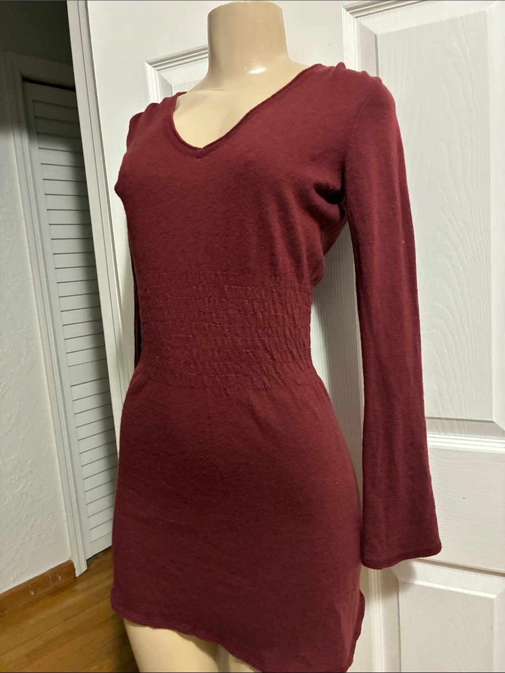 KIERAN Kier+J 100% Cashmere Sweater Dress S Burgundy V-Neck Waist Tunic Long